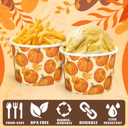 Whaline 50 Pcs Fall Pumpkin Snack Cups Watercolor Pumpkin Maple Leaves Disposable Bowls 9oz Ice Cream Dessert Treat Paper Bowls for Autumn Harvest Thanksgiving Party Food Supplies