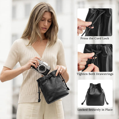 S-ZONE Genuine Leather Camera Bag Soft Camera Pouch DSLR Camera Case Handbag Drawstring Compatible with Mirrorless Cameras Canon Nikon Sony
