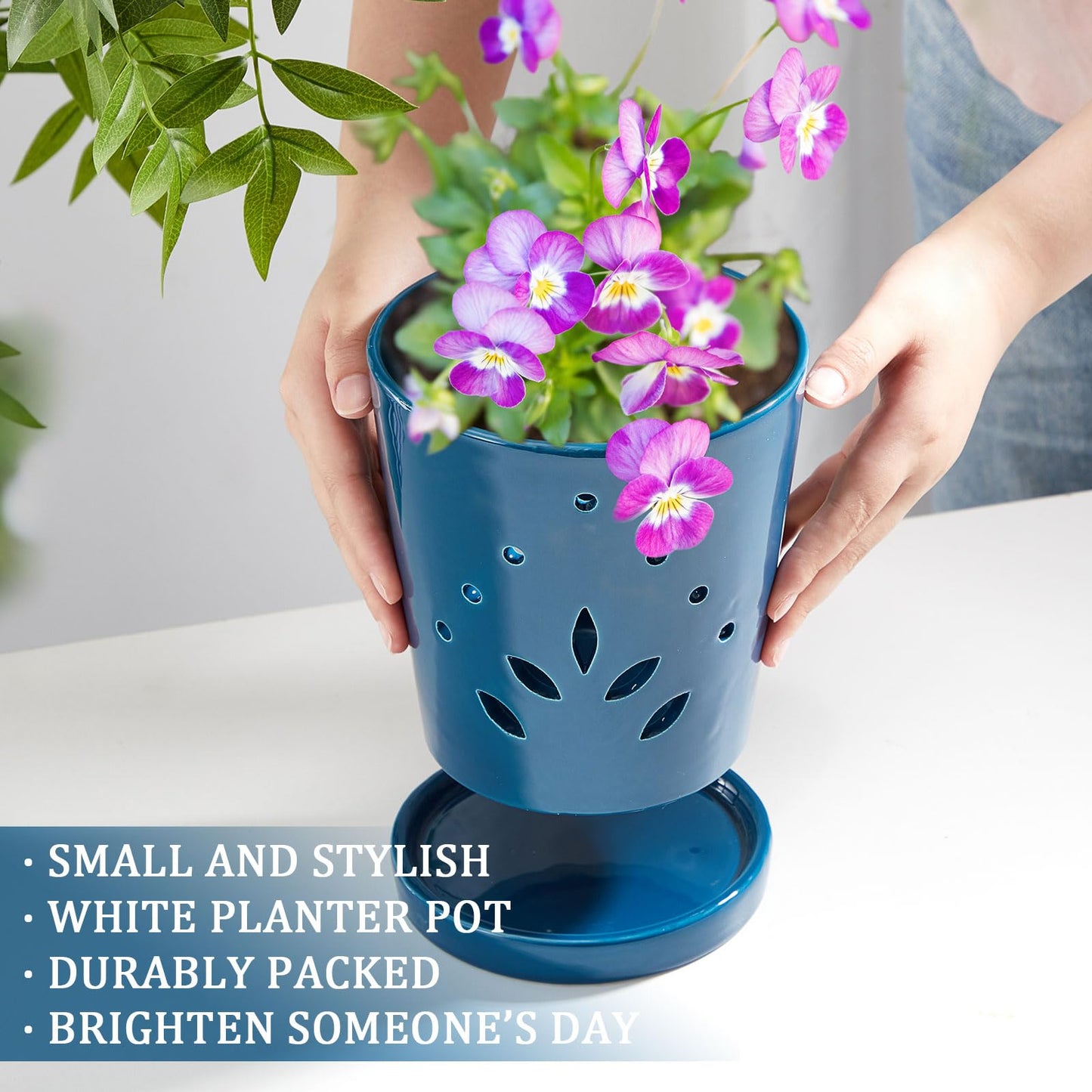 Suclain 2 Pack Orchid Pots with Holes Ceramic Orchid Planters with Drainage Holes and Tray for Root Health Repotting New Plants Air Circulation Indoor/Outdoor Flower Pots(6.5 Inch,Blue)