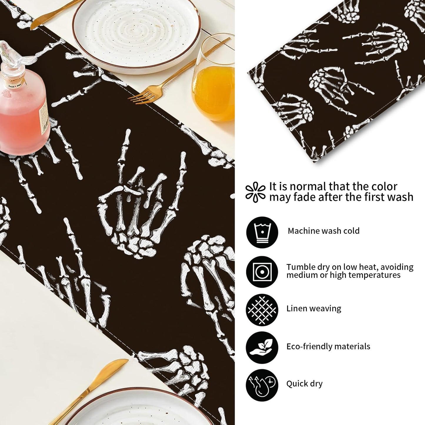 DAORJWL Funny Table Runner for Thanksgiving Christmas Home Decoration, 13 x 72 Inches Cute Kitchen Dinning Home Decor Cool Rock Skull Hands