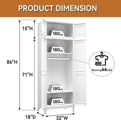 Polup Metal Armoire Closet, 86 Inch Tall Wardrobe Armoire with Hanging Rod, Almirah for Clothes with Doors, 18" D x 32" W x 86" H, White, Assemble Required, Shipped in Two Packages