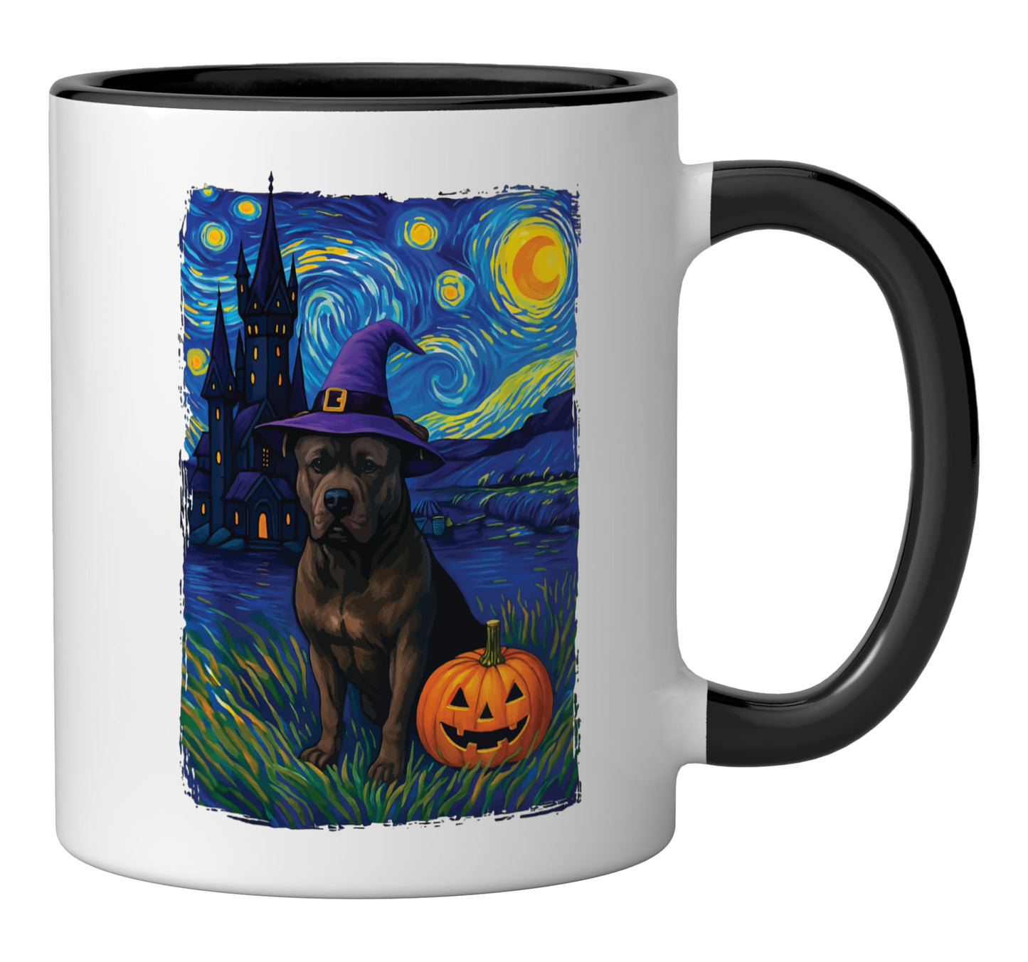 Pitbull Starry Night Halloween Ceramic Mug, Black/White
