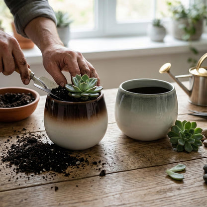 Sin wings 5.6 Inch Ombre Glazed Ceramic Planter Set, Round Bulbous Flower Pot with Drainage Hole, Modern Gradient Indoor Plant Pot for Calathea, Pothos, and Houseplants, Home Decor, 2 Pack