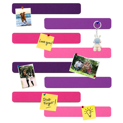 HULAVO 8Pcs Rectangle Felt Cork Board Bar Strips with 35 Pushpins, Self-Adhesive Bulletin Board Strips for Office School Home Wall Decor Stickers Memos Schedules Photos Display -Gradual Purple