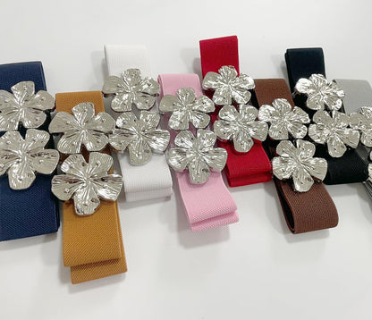 COTIM COYIN Women's Fashion Elastic Stretch Waist Belts With Metal Pin Flower Buckle for Jeans Pants Dress, Grey