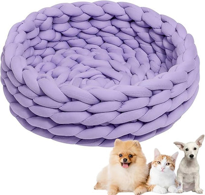 Woven Dog Bed Basket, Knitted Cotton Cat Bed Round Washable Woven Cat Pet Bed Chunky Dog Basket, Orthopedic, Chunky Knit Dog Nest,Dog Bed,Dog Cave,Dog Bedding(Purple,17")