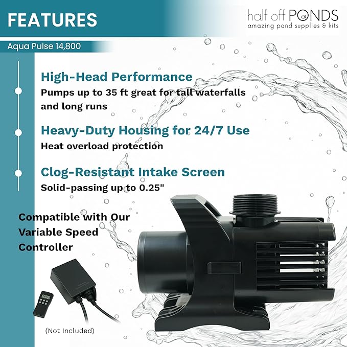 HALF OFF PONDS Submersible Water Pump, 14,800 GPH Pond Pump with 200FT Power Cord and 35.5FT Max Head, 1,100W Ultra Quiet Energy Efficient Pump for Koi Pond, Fountain, Waterfall, Water Garden, Skimmer