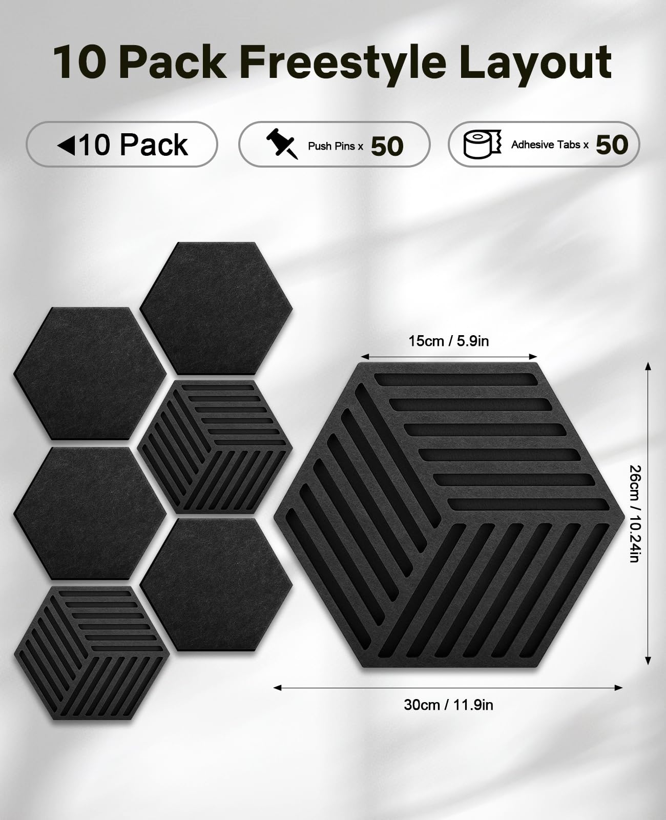 Hexagon Large Cork Bulletin Board Tiles, Peel and Stick Felt Wall Panels for Vision, Message Center, Picture and Prayer Board for Office, Dorm, Room and Desk Decor(Black)