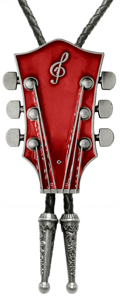 Moranse Bolo Tie With Guitar Music Lover Design Cowboy and Genuine Cowhide Rope (Red 2)