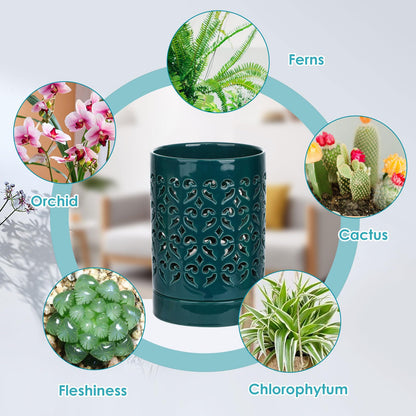 mwellewm Orchid Pot with Holes Ceramic Plant Pots Indoor Outdoor Flower Pots for Repotting with Drainage and Saucer 4 Inch Breathable Slotted Orchids Planter (Green)