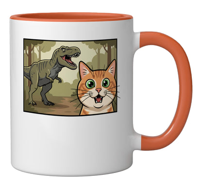 Mythical & Prehistoric Cat Vs Comic Panel Dinosaur Art Ceramic Mug, Orange/White