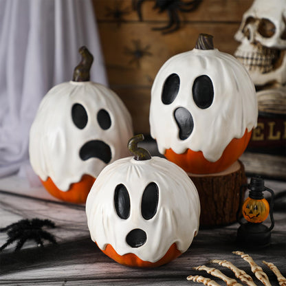 Halloscume 3 Pcs Halloween Ghost Pumpkins Figurines Table Decorations 5.91" 3.94" and 5.12" Resin Pumpkins Statue Tabletop Signs Halloween Decor for Party Shelf Mantel Centerpieces Indoor