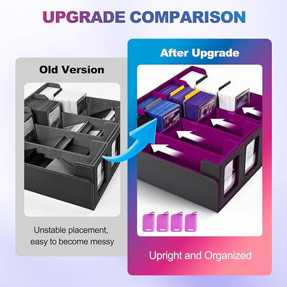 UAONO Trading Card Storage Box with Commander Display; 2400+ Deck Box for MTG with Removable Cover; Top Loaders Card Case fits Magic TCG PTCG Sports Cards; 24 Dividers, 4 Stoppers (Black, Purple)