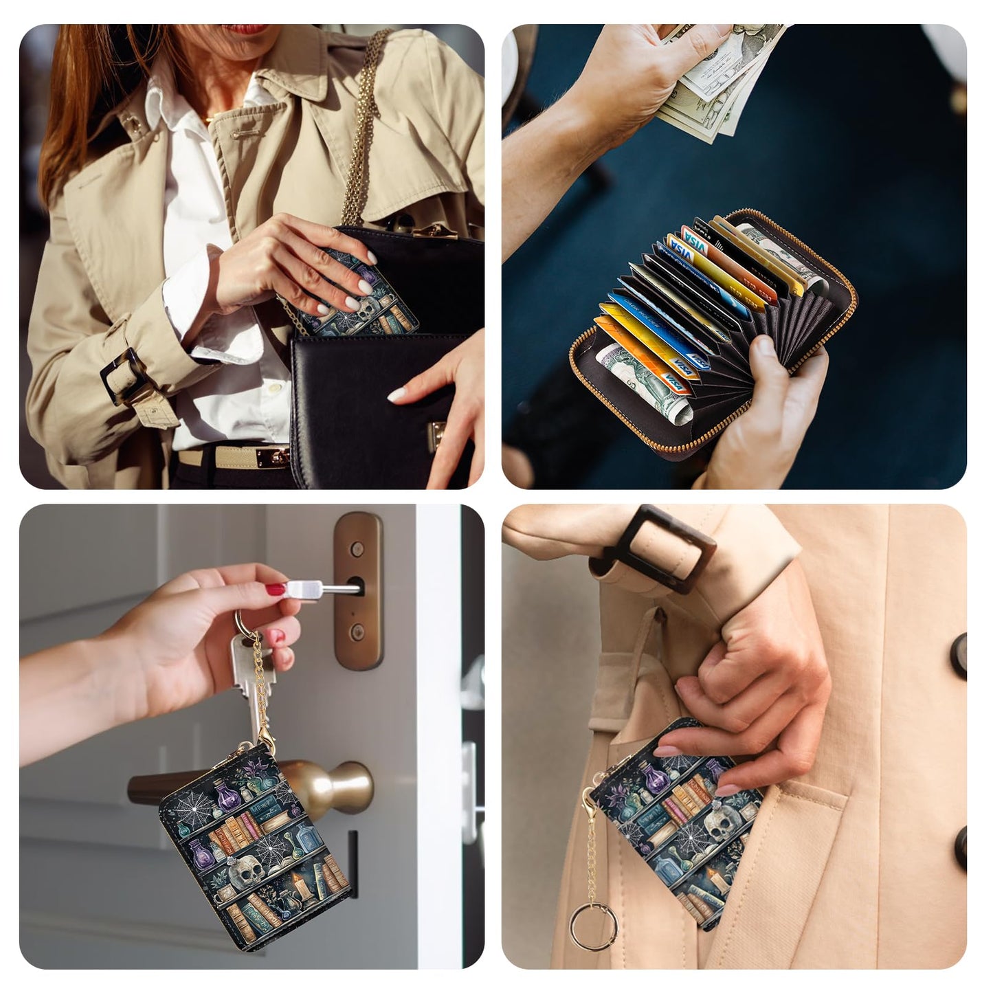 Credit Card Holder Small Wallets Woman, Goth Gothic RFID Wallet Keychain Wristlet for Women Zipper Lanyard, Funny Skull Bookshelf PU Leather Accordion Card Case Organizer Purse Witchy Gifts Ladies