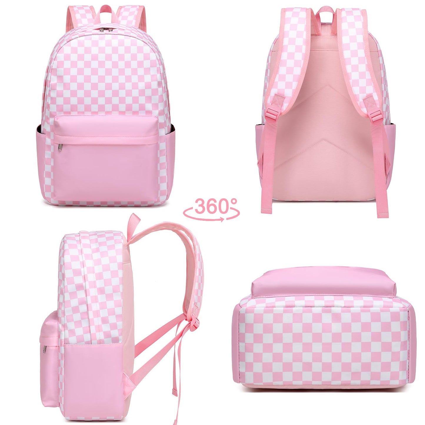 Sugaroom Checkered School Backpack for Girls with Lunch Box Lightweight Kids Bookbags Preschool Primary Elementary Students School Bags (Checkered Pink)