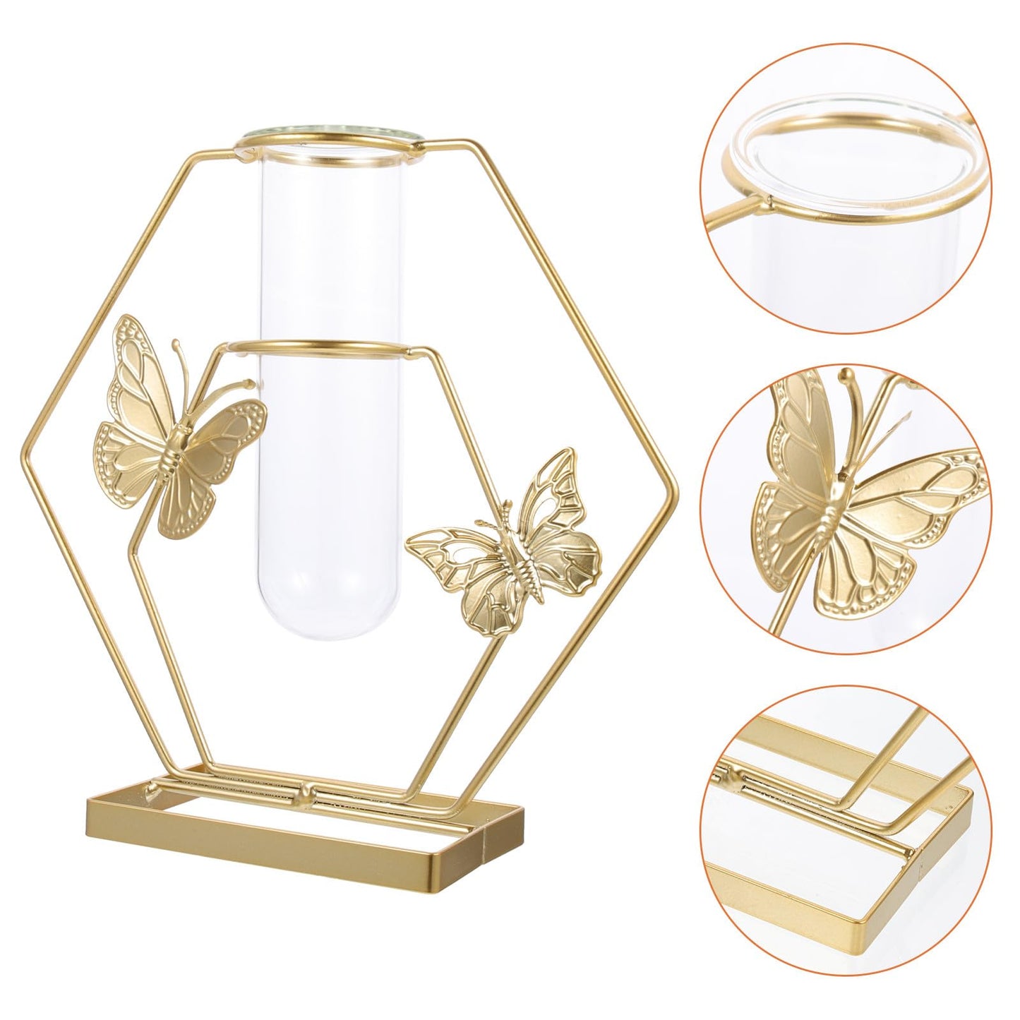 OSALADI Metal Framed Glass Plant Terrarium Vase with Butterfly Pattern, Hexagonal Decorative Flower Holder for Desktop Home Décor and Tabletop Display