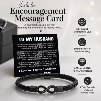 To My Husband Bracelet, Stainless Steel Engraved Love You Forever Black Braided Leather Promise Wristband Bracelets With Encouragement Message Card Anniversary Birthday Jewelry Gift (Husband Infinity-21)