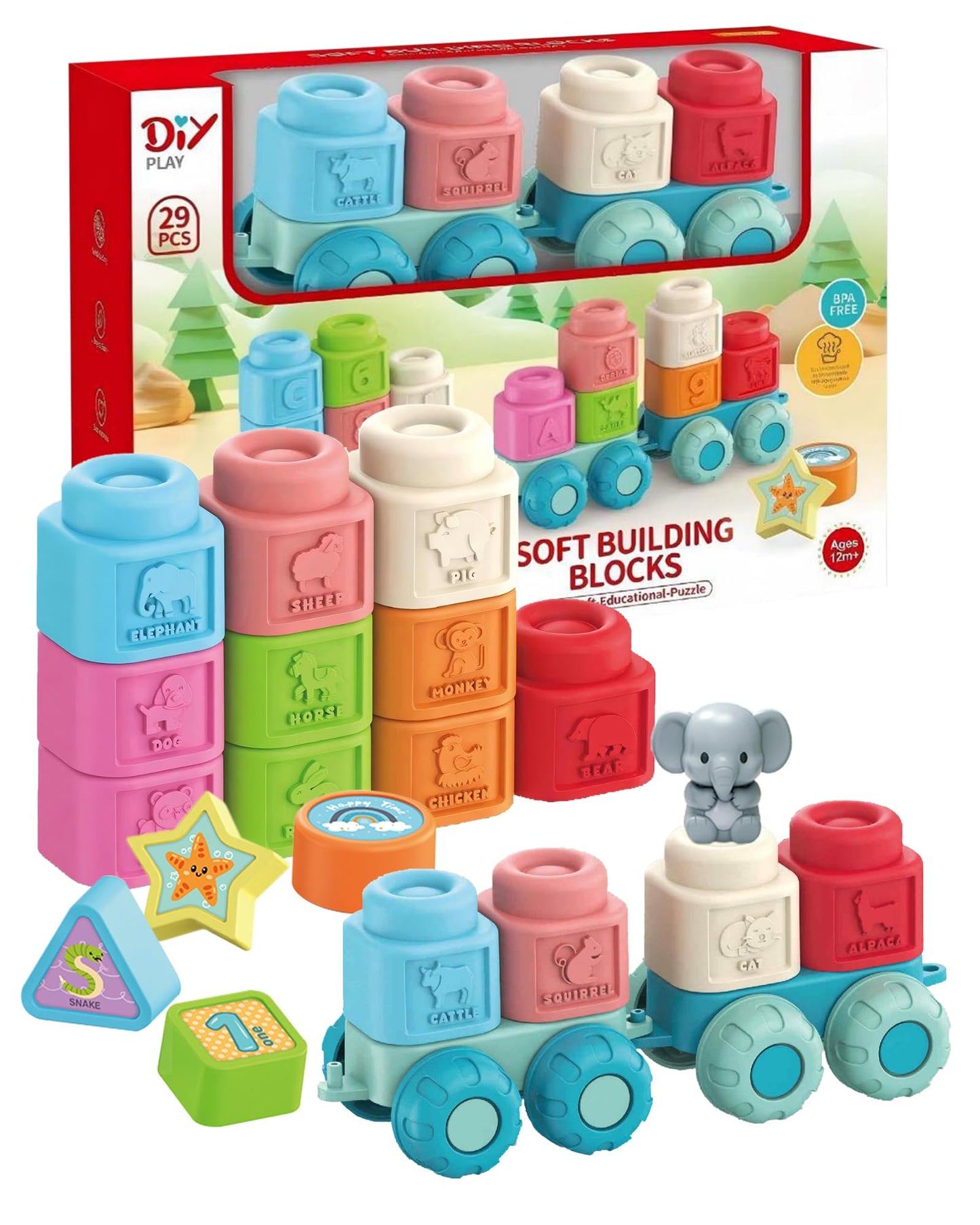 Soft Blocks Montessori Stacking Toys for toddlers 1-3, 29 PCS Baby Building Blocks, Educational Learning Toys with Fruits, Animals, Colors & Shapes, Connectable Texture Blocks Vehicles Festival Gift