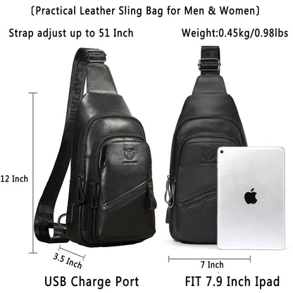 Leather Sling Bag for Men Crossbody Backpack with USB Charging Port Casual Daypack for Hiking Shoulder & Chest Bag Purse (Black)