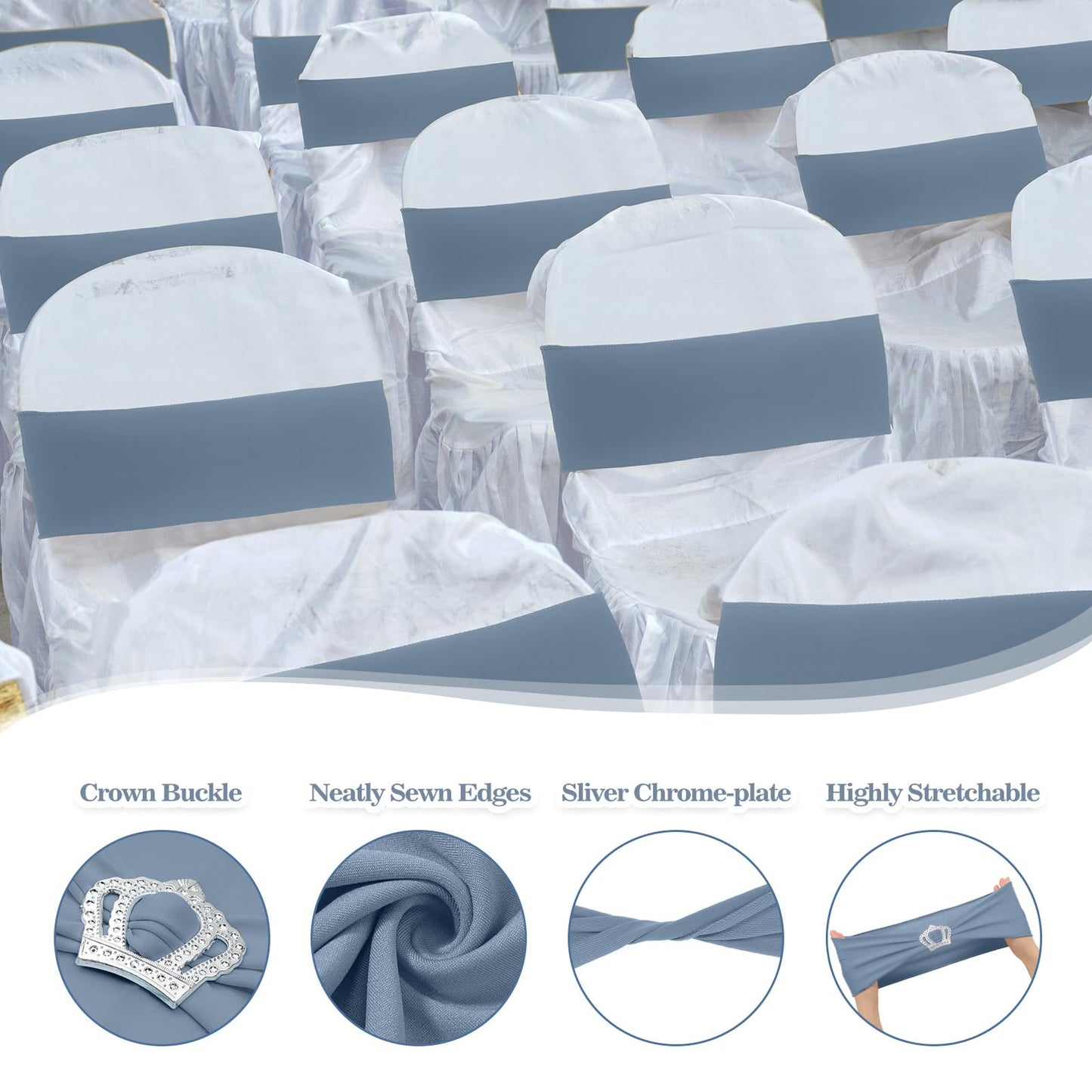 VitalCozy 100 Pcs Spandex Chair Sashes with Crown Buckle Slider Stretch Chair Bands Cover Ties for Wedding, Banquet, Gala, Corporate Event, Birthday Party, Baby Shower(Dusty Blue)