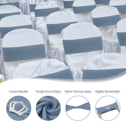 VitalCozy 100 Pcs Spandex Chair Sashes with Crown Buckle Slider Stretch Chair Bands Cover Ties for Wedding, Banquet, Gala, Corporate Event, Birthday Party, Baby Shower(Dusty Blue)