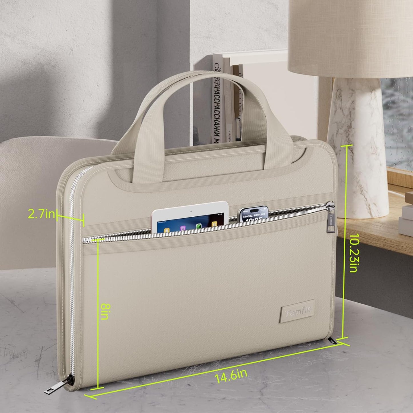 Fireproof Accordion File Organizer with Handle, 13 Pocket Expanding File Folder with Zipper & Labels, File Folder with 3 Ring Binder, Multi Pockets Paper Organizer Folder for Letter A4 Files (Beige)