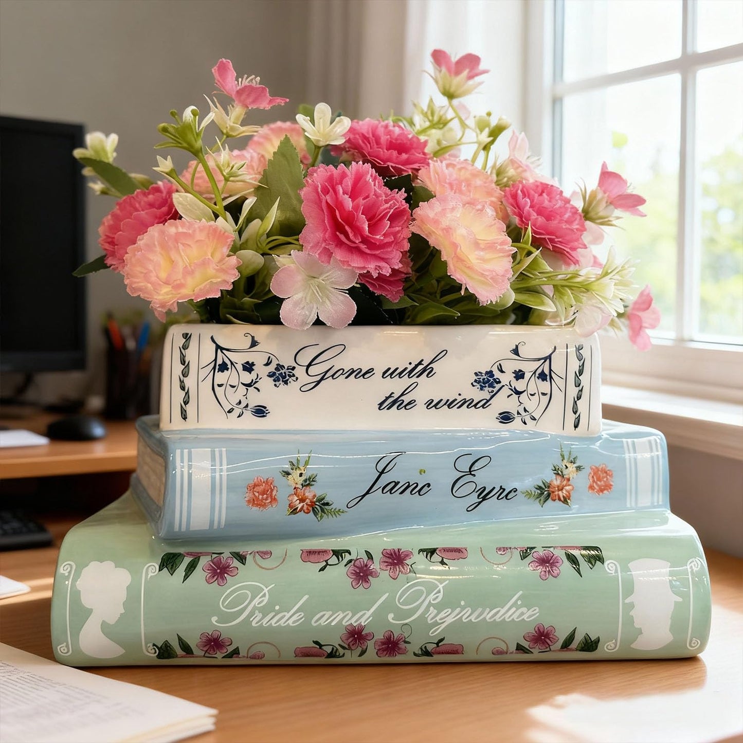 Book Planter Decor - Cute Bookshelf Plant Pots, Small Book Shaped Ceramic Planters, Book Flowers Vase with Drainage Hole, Classic Titles Bookstack for Book Lovers Gifts for Home Bedrooms, Living Rooms