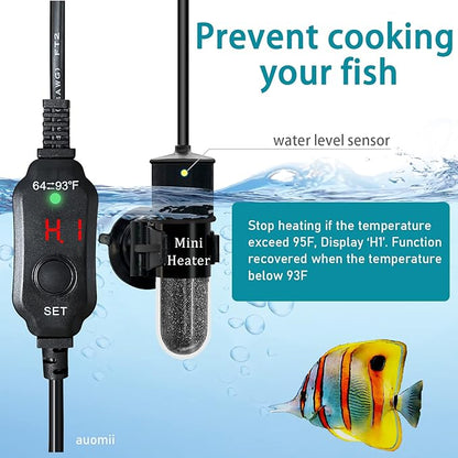 Mini Submersible Aquarium Heater, 10/20/25/50/100/150 Watts Adjustable Fish Tank Heater, Built-in Thermometer, External Temperature Controller, Smart Memory, Used for 1-60 Gallons (10W Plug)