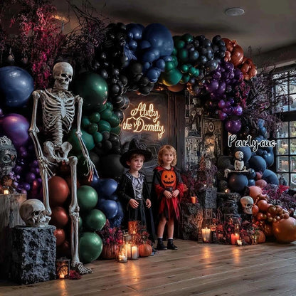 Halloween Balloon Arch Double Stuffed, Dark Green Navy Blue Burgundy Purple Black Balloon Garland Kit for Halloween Birthday Witch Gothic Spooky Magic Party Decoration