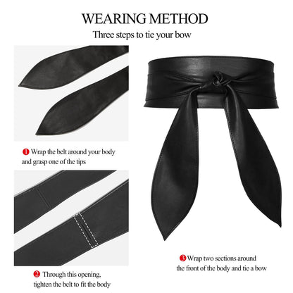 ChinEluviis Womens Obi Belt Fashion Corset Wide Leather Knotted Cinch Tie Wide Belt for Evening Dress Black M