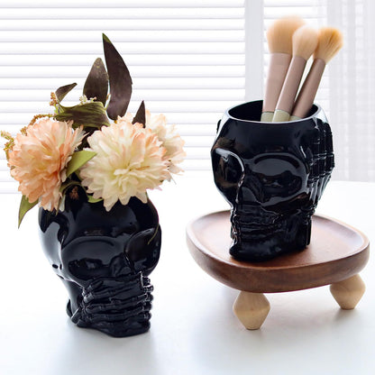 Set of 2 Gothic Home Decor, See No Evil Speak No Evil Skeleton Makeup Brush Holder, Black Skull Pen Holder & Succulent Planter - Cool Desk Accessories for Men & Women, Spooky Halloween Room Decor Gift