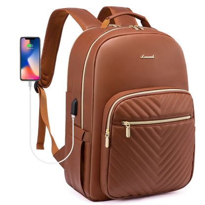 LOVEVOOK Laptop Backpack Purse for Women, Large Capacity Travel Computer Work Bag, Faux PU Leather Quilted Casual Nurse Backpack for Womens, Fit 15.6 Inch Laptop with USB Port, Brown
