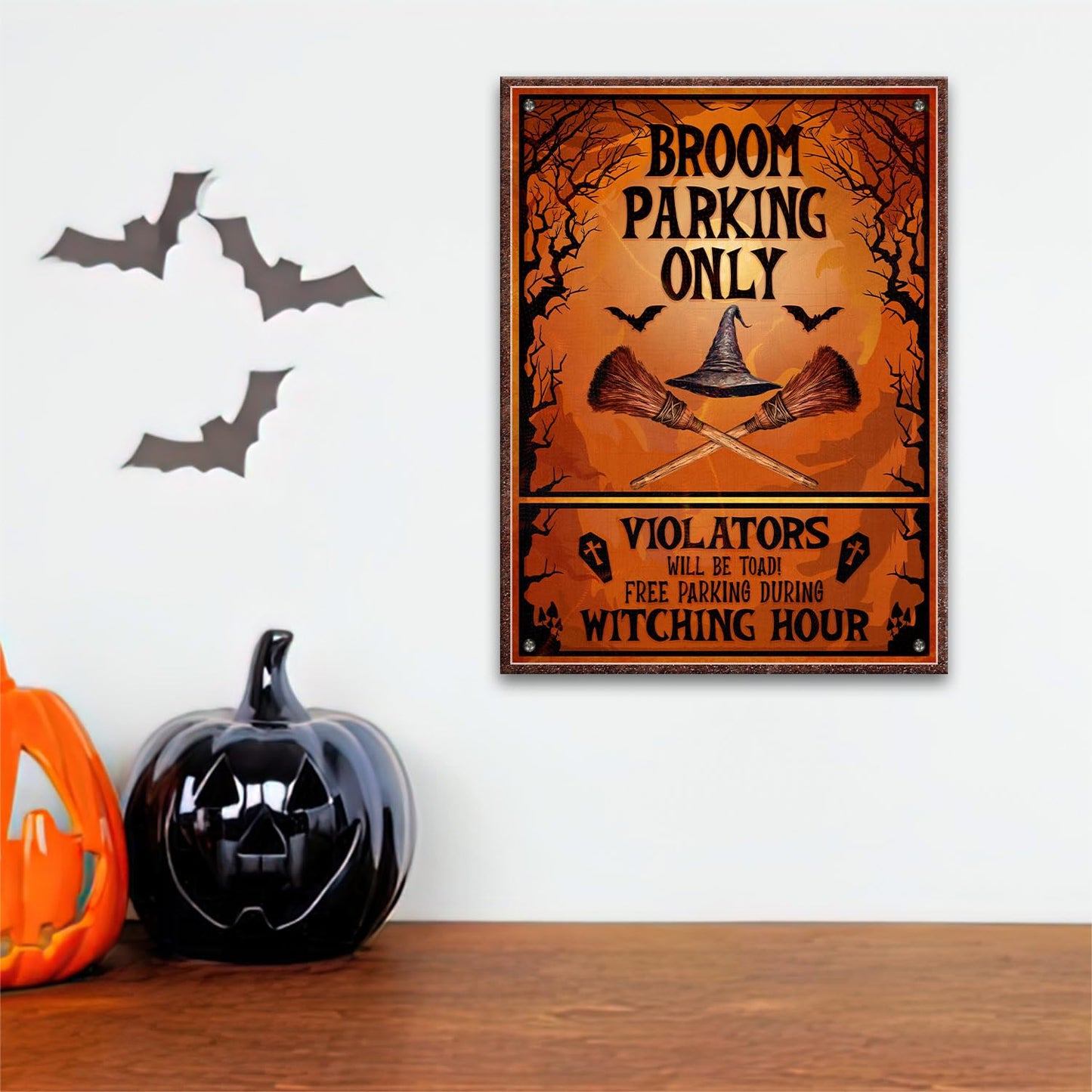 WODORO Broom Parking Only Witch Halloween Printed Metal Sign, 11.8x15.7 Inches, All Others Will Be Toad Wiccan Decor, Halloween Witch Parking Sign, Gifts For Witchy Friends Colleagues Family (01)