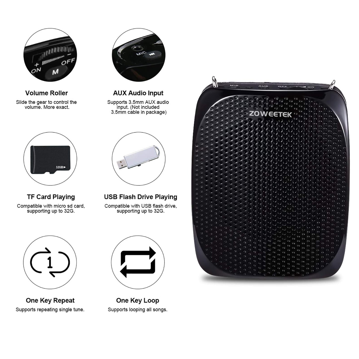 ZOWEETEK ZW-Z258 Portable Rechargeable Mini Voice Amplifier for Teachers with Wired Microphone Headset and Waistband,Supports MP3 Format Audio for Speech, Class, Training,Tour Guide,Power Amplifiers
