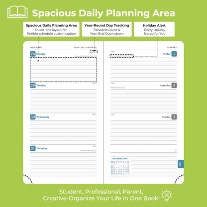 IN-LUXPRO Planner 2026-2027 Daily Weekly and Monthly,6.5"x3.75",18 Months Spiral Bound Calendar Agenda with Self-adhesive Pen Holder,2026 Academic Plan with Vegan Leather Soft Cover,Wasabi Green