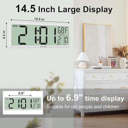 14.5'' Large Digital Wall Clock Battery Operated with Jumbo Numbers, Auto DST, Day, Date, Alarm, Temperature for Living Room, Bedroom, Desk Decor, Gift, LCD Screen Display Easy to Read and Set