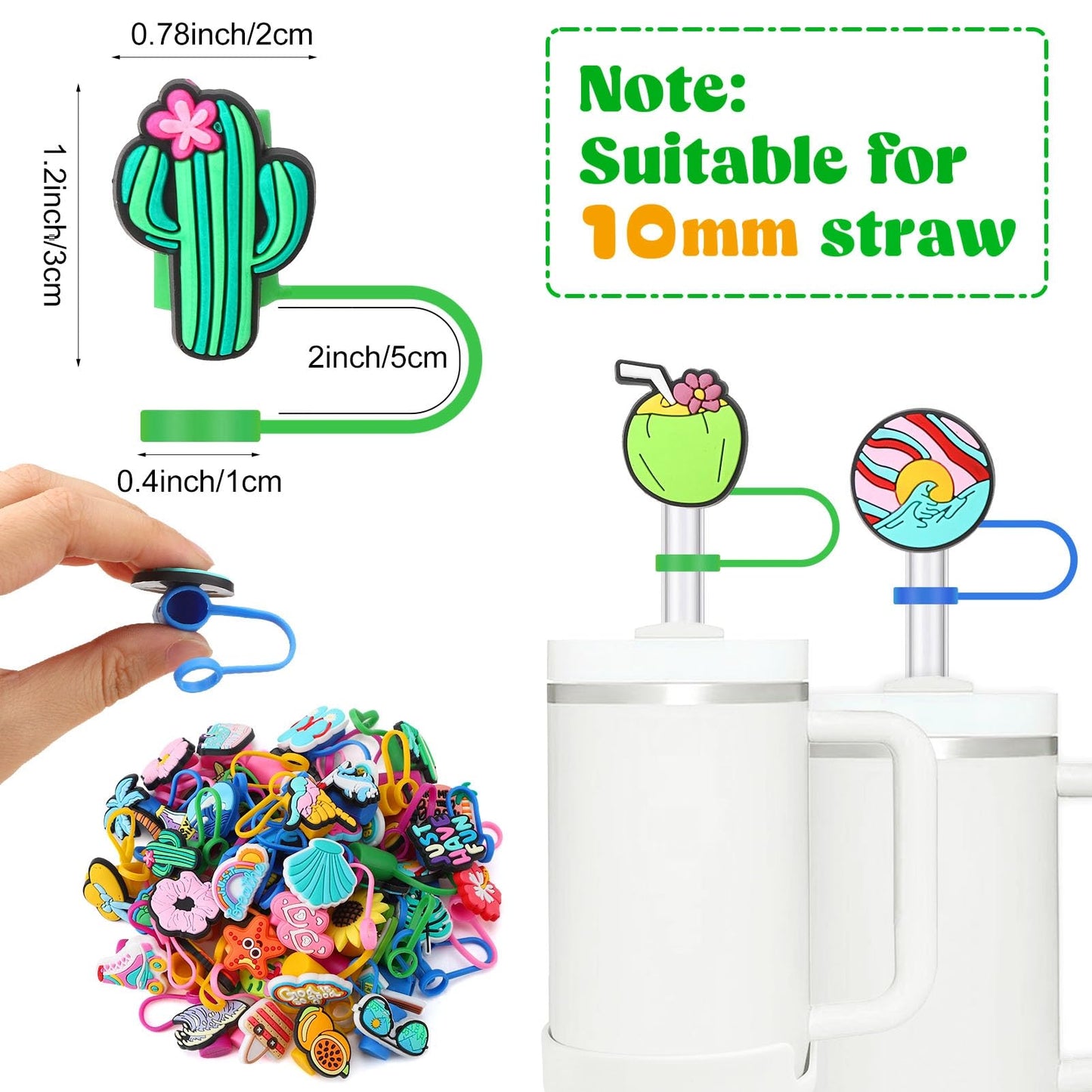 Ovveroche 50 Pcs Hawaii Tropical Summer Silicone Straw Cover Caps Compatible with Stanley Cup Cute Reusable Straw Toppers for Cups 30&40 Oz Tumbler Accessories 10mm