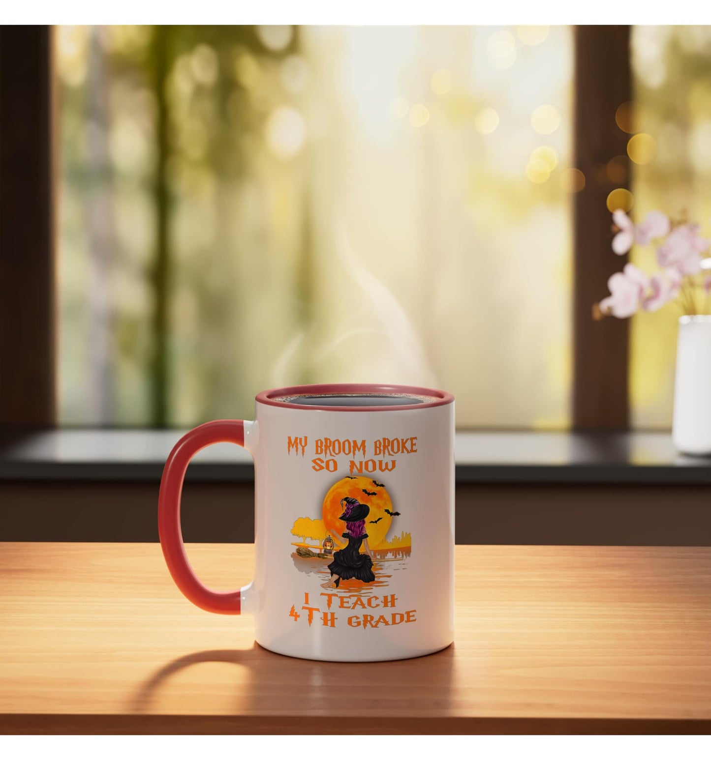 My Broom Broke So Now I Teach 4th Grade Teacher Halloween Ceramic Mug, Red/White