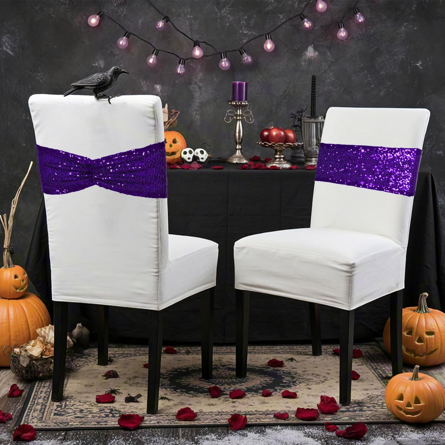 Poise3EHome Purple Sequin Chair Sashes,100 PCS Folding Chair Covers Bow for Halloween Wedding Party Reception Decorations