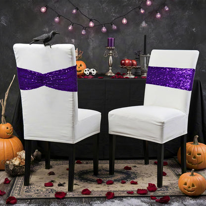 Poise3EHome Purple Sequin Chair Sashes,100 PCS Folding Chair Covers Bow for Halloween Wedding Party Reception Decorations