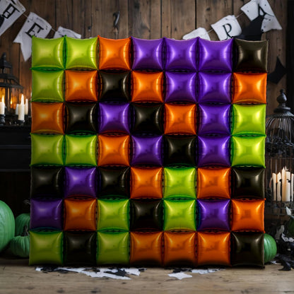 Charnoel 50 Pcs Halloween Balloon Garland Arch Kit Black Orange Green Purple Double Sided Square Foil Balloons Wall Backdrop 19 Inches Tunnel Kit for Halloween Party Background Classroom Decorations