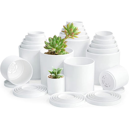 D'vine Dev Pack of 20 Plastic Plant Pots (4 Set of 2 Inch, 2.5 Inch, 3 Inch, 3.5 Inch, 4 Inch) Small Garden Planter Pots for Plant with Drainage Holes and Saucers, White, 74-U-A