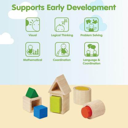 PlanToys® Geo Matching Blocks Wooden Shape Sorting Toy for Kids Ages 2+ | Montessori Activity for Colour Learning, Spatial Reasoning & Fine Motor Skills | Eco-Friendly Educational Toy
