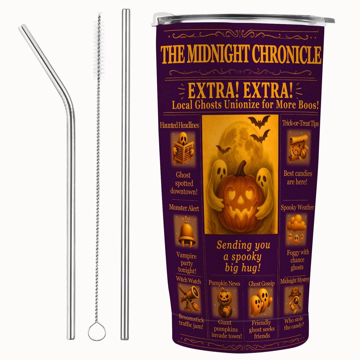 Halloween Tumbler 20 oz, Insulated Stainless Steel Coffee Mug with Lid & Straw, Pumpkin Ghost Festive Travel Cup, BPA-Free Halloween Gifts for Women, Men, Teens, Party, Office