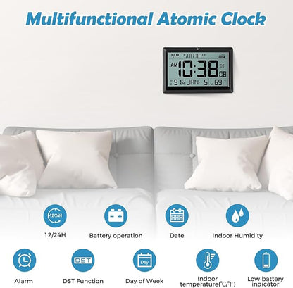 Amgico Digital Wall Clock,10.5" Large Display Atomic Clock,Battery Operated,Digital Calendar Auto Setting with Indoor Temperature,Humidity,Date,Day,Auto DST for Elderly Bedroom Classroom,No Backlight