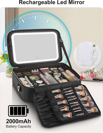 Relavel Large Makeup Case With LED Mirror, 16.2" Cosmetic Vanity Case with 3 Lignting Modes and Adjustable Brigntness, Professional Travel Make Up Organizer for Makeup Artist with Strap, Black