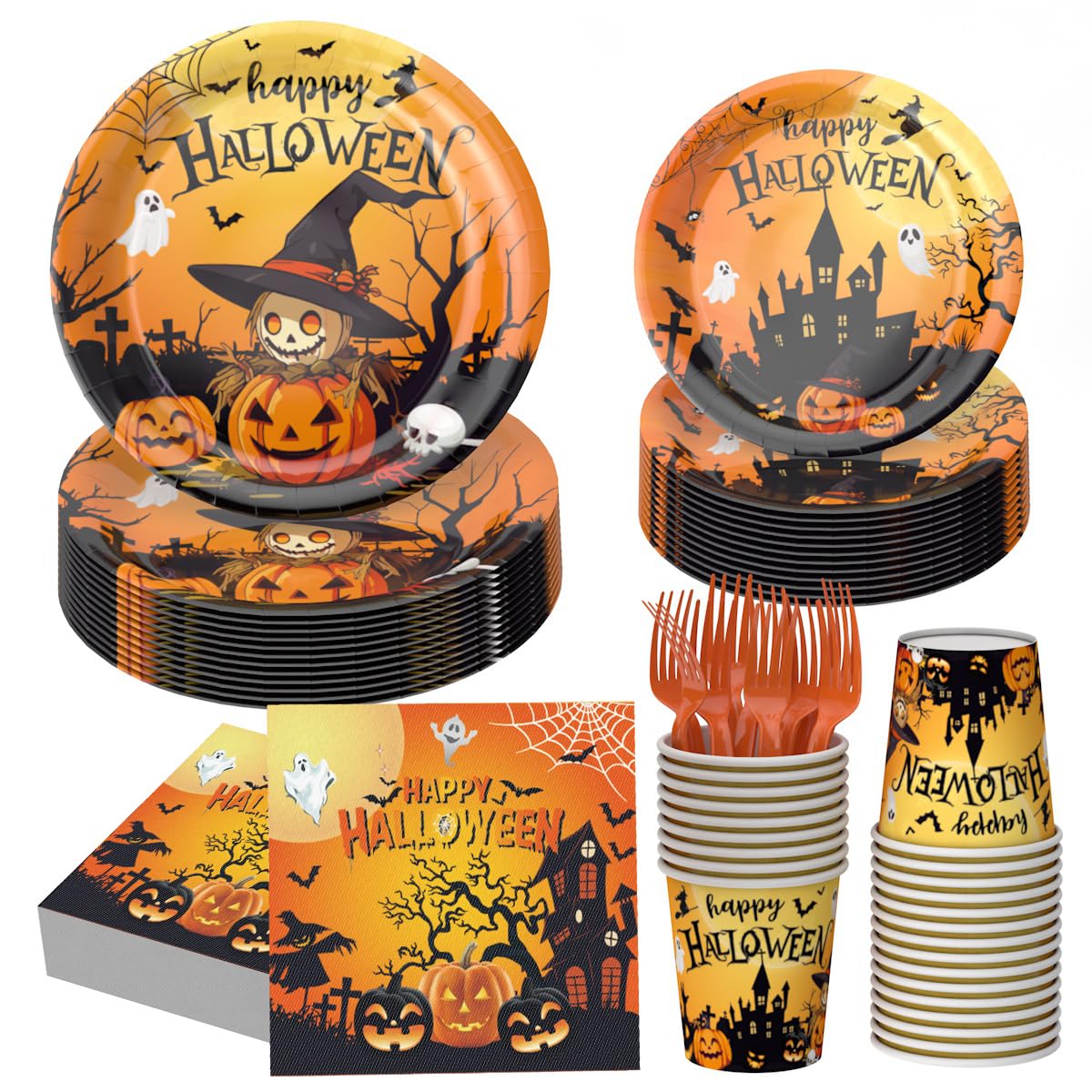 212Pcs Halloween Party Supplies Tableware Set for 24 Guests Disposable Pumpkin Ghost Themed Dinnerware Includes Paper Plates Napkins Cups Forks Knives Spoons Halloween Balloons, Banner & Tablecloth