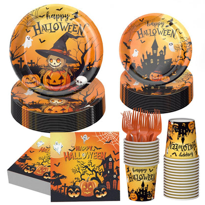 212Pcs Halloween Party Supplies Tableware Set for 24 Guests Disposable Pumpkin Ghost Themed Dinnerware Includes Paper Plates Napkins Cups Forks Knives Spoons Halloween Balloons, Banner & Tablecloth