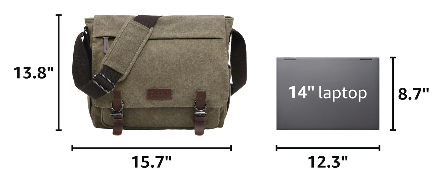 Dasein Large Vintage Canvas Messenger Shoulder Bag, Army Green, 15in Laptop Capacity