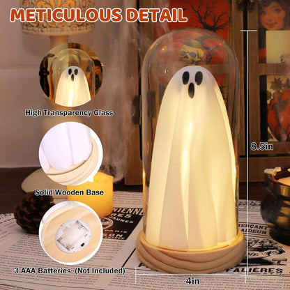 Strackvial Halloween Ghost LED Decor Light – Cute Spooky Tabletop Lamp with Wood Base & Clear Glass Cloche, Indoor Fairy Light Decoration for Mantel, Shelf & Party Centerpiece (Classic Ghost Light)